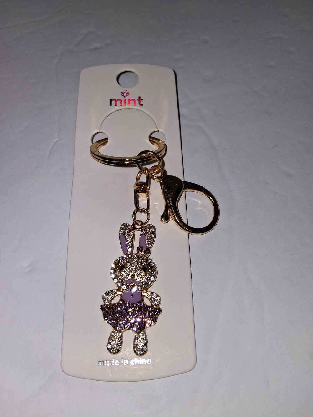 Mint Crystal Bunny Keychain - Gold & Lavender
